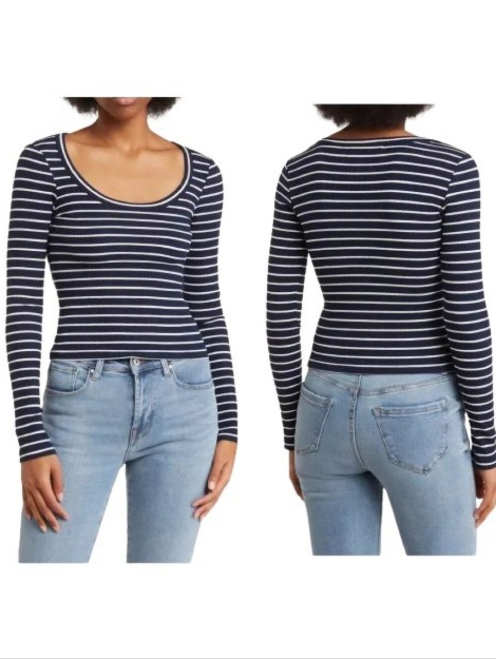 Elodie Navy Blue Rib-Knit Stripe Top Long Sleeves Scoop Neck Fitted Cotton